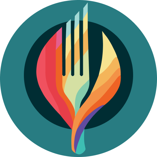 fork-shaped design representing a flower, flame, and serving utensil.